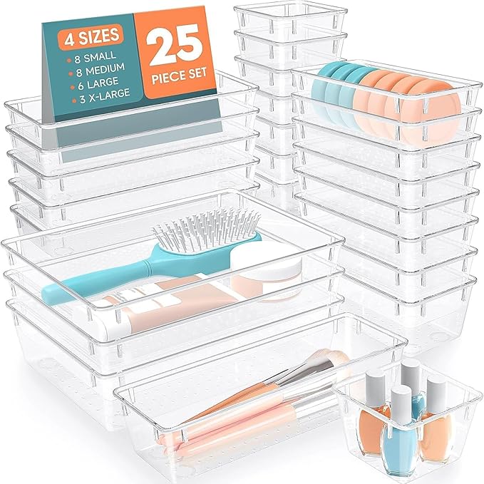 SpaceHacks 25 PCS Plastic Drawer Organizer, 4-Size Versatile Organizer Trays & storage Bins