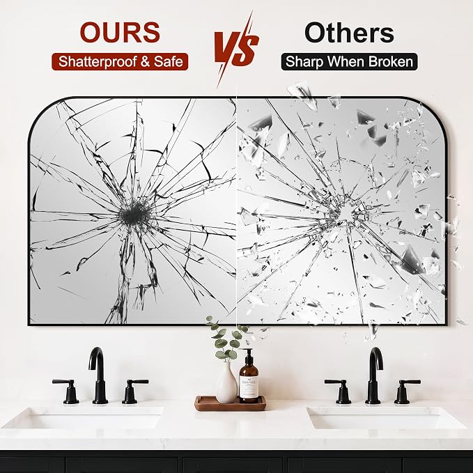 Bathroom Black Vanity Mirror for Over Sink, 30" x 55" | Metal Framed Rounded Corner, Shatterproof Glass, for Bedroom, Living room, Entryway