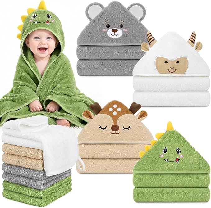 12 PCS Baby Bath Towels Set, Baby Towels for Newborn Bath Essentials Gifts | Animal Hooded, Ultra Thick Soft Absorbent, 4 Baby Towels & 8 Washcloths for Boy Girl Infants (Dinosaurs, Sheep, Elk, Bear)