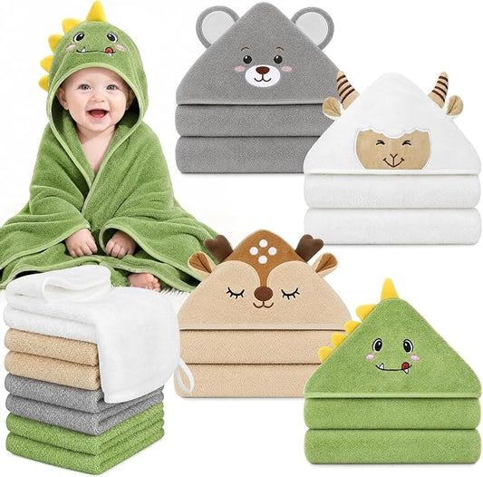 12 PCS Baby Bath Towels Set, Baby Towels for Newborn Bath Essentials Gifts | Animal Hooded, Ultra Thick Soft Absorbent, 4 Baby Towels & 8 Washcloths for Boy Girl Infants (Dinosaurs, Sheep, Elk, Bear)