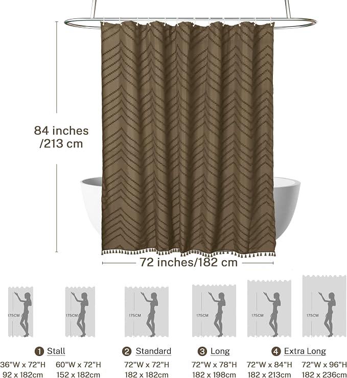 Siiluminisoy Extra Long Boho Shower Curtain, Woven Fabric 84 in Khaki, 72 x 84, Tufted Chevron Striped Modern Chic Textured Minimalist Bathroom Shower Curtain
