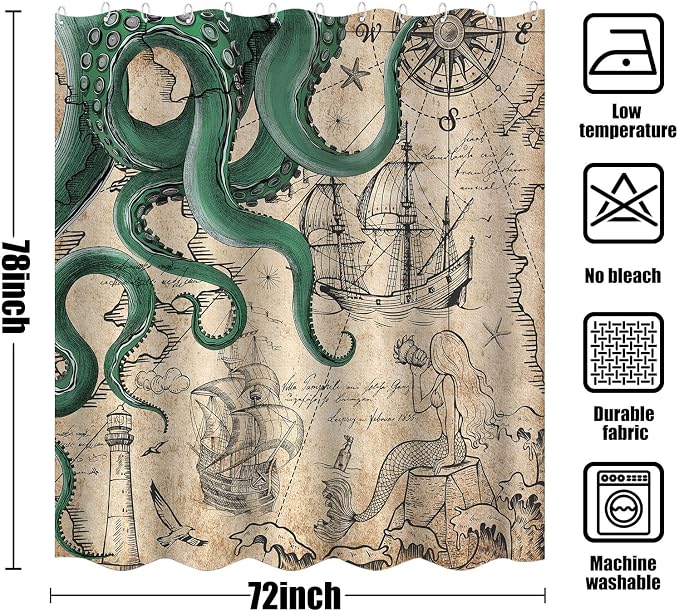 Fungarth Long Vintage Green Nautical Octopus Shower Curtain Mermaid Funny Ocean Kraken Shower Curtains for Bathroom Cool Anchor Coastal Map Waterproof Fabric Bath Curtain Decor (Retro2, 72” x 78”)