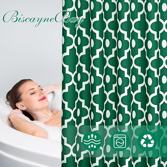 Biscaynebay Christmas Extra Long Textured Fabric Shower Curtains 72" W x 84" L, Hunter Green Morocco Pearl Printed Hotel Spa Luxury Decorative Bathroom Curtain Machine Washable