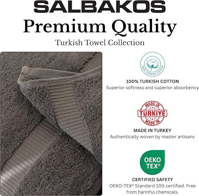 SALBAKOS 100% Turkish Cotton Bathroom Towel Set of 6-Piece, Gray | 630 Gsm Thick Super Soft Highly Absorbent 2 Bath + 2 Hand + 2 Washcloth Towels Sets, Giftable, Hotel Quality, Made in Turkey