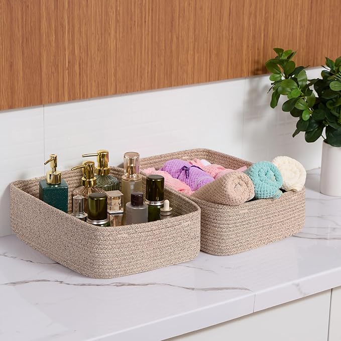 MiniArk Large Shallow Organizing Baskets 15x11x5.1 Inches - Rope Woven Storage Bins for Bathroom, Shelves, Cube Closet, Mixed Brown 2 Packs