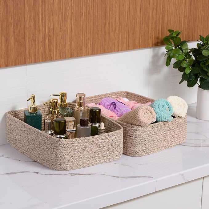 MiniArk Large Shallow Organizing Baskets 15x11x5.1 Inches - Rope Woven Storage Bins for Bathroom, Shelves, Cube Closet, Mixed Brown 4 Packs