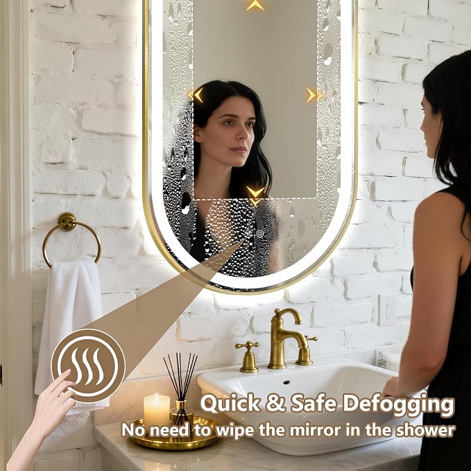 Oval LED Bathroom Mirror, Backlit + Front Lit Mirror Old Gold Frame | 3 Color Dimmable, Anti-Fog, 32"x20", Memory Function, Shatter-Proof, HD Glass, Pill-Shaped Mirror, Vertical or Horizontal