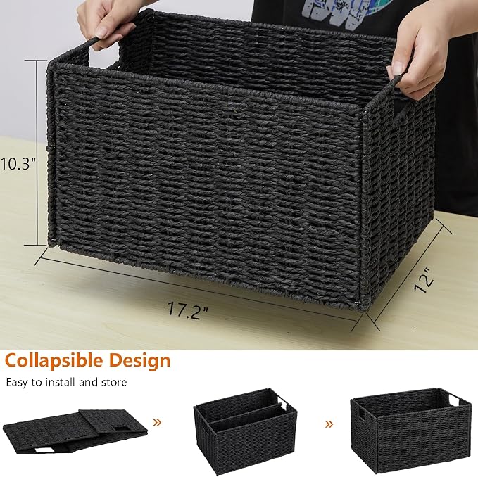 Wicker Storage Basket, Set of 2 Hand-Woven Paper Rope Wicker Basket, Small Storage Baskets for Organizing Toilet Paper Basket, Foldable Large Cube Storage Organizer Bins for Shelves (Black)