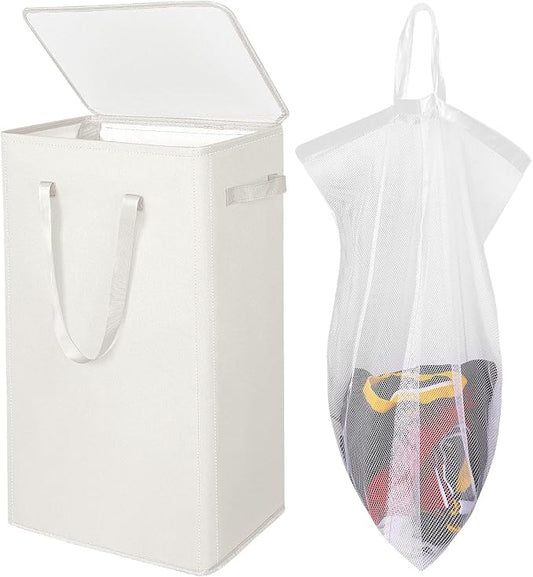 Odonata 75L Slim Laundry Hamper with Lid,Large Foldable Laundry Basket with Removable Bag and Handles Tall Collapsible Dirty Clothes Basket Great for Bedroom, Bathroom, Dorm, College,RV. (Beige, 75L)