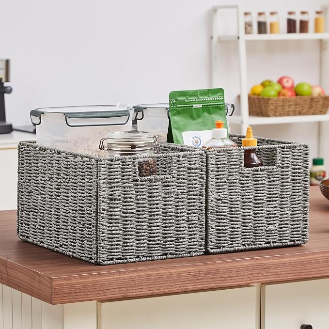 Wicker Storage Basket, Set of 2 Hand-Woven Paper Rope Wicker Basket, Small Storage Baskets for Organizing Toilet Paper Basket, Foldable Large Cube Storage Organizer Bins for Shelves (Grey)