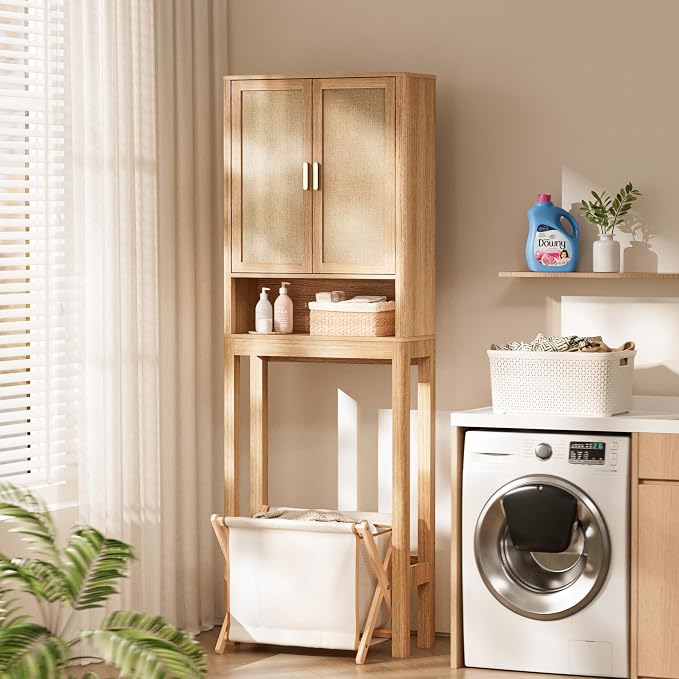 Over the Toilet Storage Cabinet, Bathroom Storage Cabinet with Rattan Doors, Bathroom Cabinet Over Toilet with Adjustable Shelf, Tall Freestanding Over Toilet Bathroom Organizer, Boho Natural Style