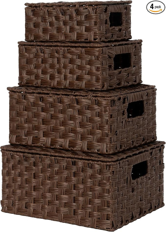GRANNY SAYS Wicker Basket with Lid, Decorative Storage Baskets for Shelves | Woven Baskets with Lids, Wicker Baskets for Storage, Decorative Storage Boxes, Woven Stackable Basket with Lid, 4 Pack