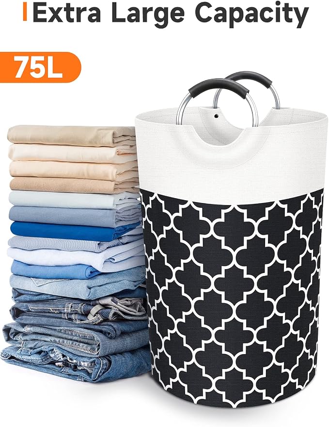 Large Laundry Basket Laundry Hamper Bag Washing Bin Clothes Bag Collapsible Tall with Handles Waterproof Travel Bathroom College Essentials Storage for College Dorm, Family (Black) 75L | Freestanding Laundry Hamper, Waterproof Dirty Clothes Storage Bag...
