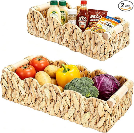 Decorative Toilet Paper Storage Basket, Modern Farmhouse Home Decor Scalloped Basket for Organizing, Pantry Baskets for Shelves, Countertop, Living Room, Wood Handles, Natural Water Hyacinth (2pack）