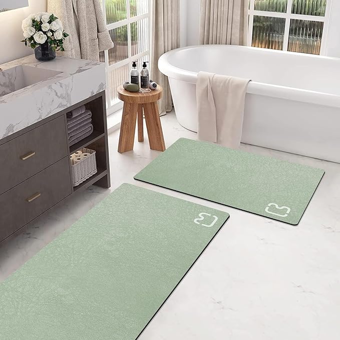 RUERYA Bathroom Rugs and Mats Set 2 Piece Diatomaceous Earth Bath Mat,Sage | Non Slip Rubber Backed Quick Dry Bathroom Rugs Super Absorbent Low Pile Diatomite Stone Bathroom Mat Fit Under Door Floors