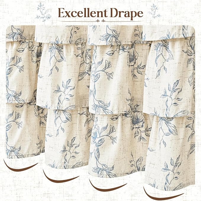 Yinhua Farmhouse Ruffle Shower Curtains with Blue Floral, 72" Wx72 L | French Country Vintage Rustic Washable Waterproof Shower Curtain for Bathroom Bathtub, 12 Metal Hooks