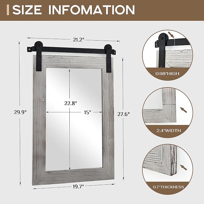 COGOOD Farmhouse Bathroom Mirrors for Over Sink - 30 x 22 Grey | Rustic Barn Door Wood Framed Vanity Mirror for Entryway, Living Room, Bedroom, Dresser Wall Decor