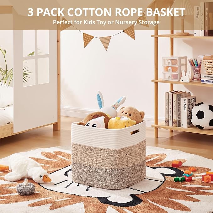 OIAHOMY 13 Inch Cube Storage Bins, 3-Pack Cotton Rope Woven Baskets for Organizing, Insert Storage Baskets for Shelves, Baby Nursery, Closet Organizer, 13 * 13 * 12.6IN, Gradient Brown