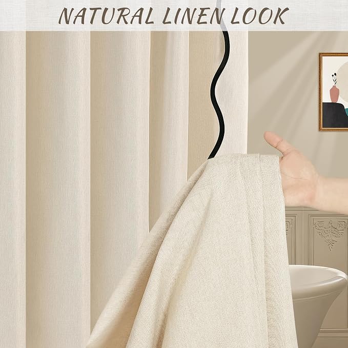 WONICY Boho Scalloped Shower Curtain with Hooks, Beige, 72 x 72 | Linen Look, Waterproof Polyester, 12 Plastic Hooks, Modern Farmhouse Style, Machine Washable, for Bathroom