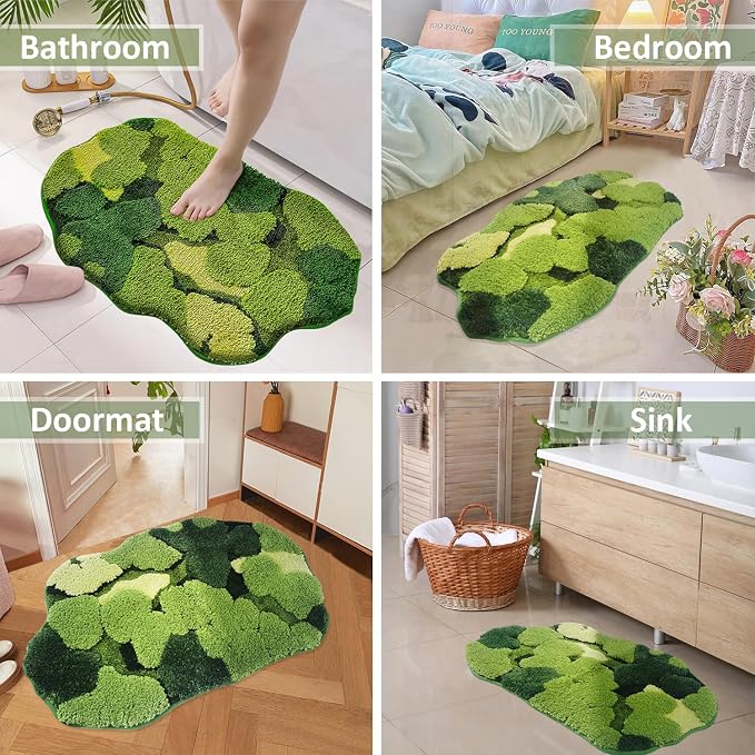 Hifuwan Cute Green Moss Shag Bathroom Rugs, Plant Bath Mats, 20 x 32 Inch | Leaf Bath Rugs for Bathroom Decor Aesthetic, Soft Non Slip Machine Washable, Absorbent Floor Carpets for Indoor Shower Mat