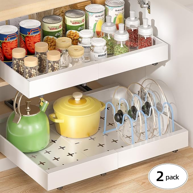 Delamu 16" Deep Pull Out Cabinet Organizer with 6 Dividers, Expandable (11.7 "-20" W) Pull Out Drawers for Cabinets, Cabinet Trays Pull Out for Cabinets in Kitchen, Pantry or Bathroom, White, 2 Pack
