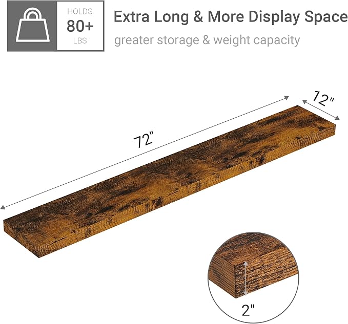 Vivelove Deep Floating Shelves 72x12” Set of 1, Rustic Brown | Easy Install With Hardware, 2" Thick, Invisible Brackets, Wall Mounted, No Sagging, For Any Room
