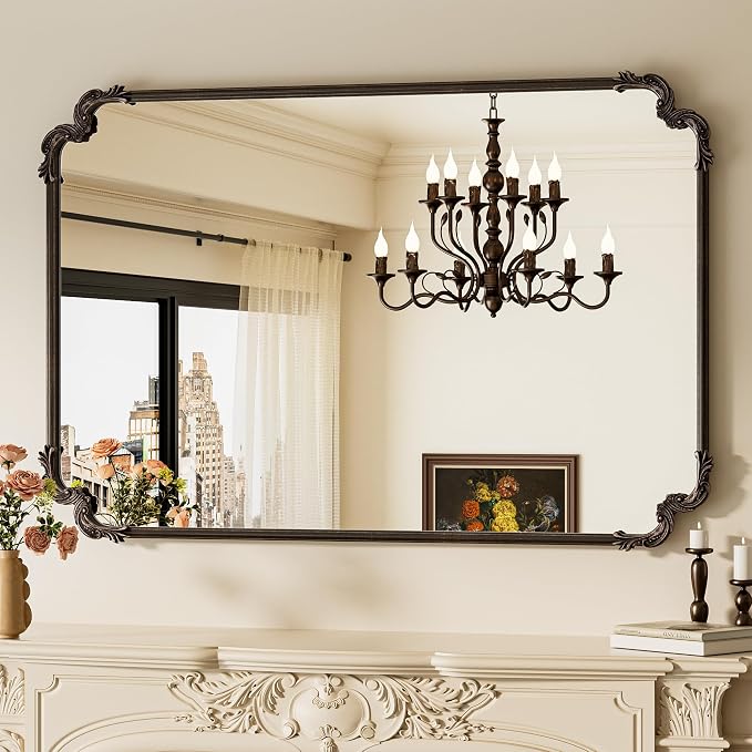Vintage Antique Bronze Rectangle Mirror for Mantle Fireplace 48 x 32 Traditional Baroque Ornate Scroll Wall Mirror with Metal Frame for Living Room Bedroom, Horizontal/Vertical