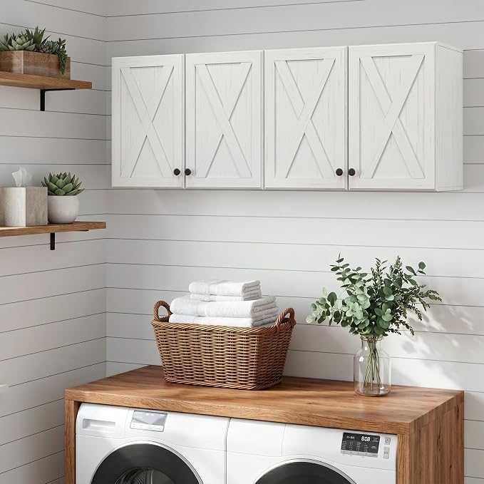 FIMELLO Wall Cabinet, Bathroom Wall Cabinet, Farmhouse Wall Mounted Cabinets for Kitchen Garage Laundry Storage, Medicine Cabinet with 2 Door and Shelf, Laundry Room Wall Cabinets, White Grain