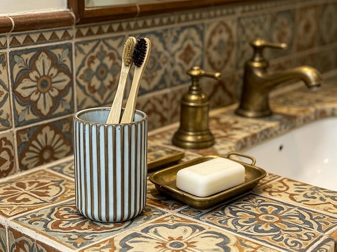 Stoneware Toothbrush Holder for Bathroom Tooth Brush Holder for Bathroom Toothbrush Cup Toothbrush Holders Cute Fluted Vertical Ribbed Stripe (Retro White)