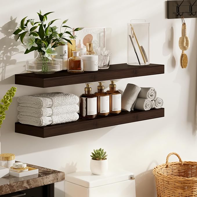 BAMEOS Solid Bamboo Floating Shelves, Set of 2 with Invisible Brackets, Natural Wood Grain Decor for Living Room, Bedroom, Kitchen, Bathroom & Office Storage