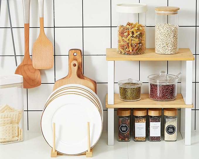 Marsui 4 Pcs Kitchen Organizer Accessories Set for Cabinet,Wooden Color | Cabinet Organizer Shelves, Bamboo Dish Drying Plate Rack, Wooden Counter Storage Holder, for Spice Dish Pot Lid Bowl Cup