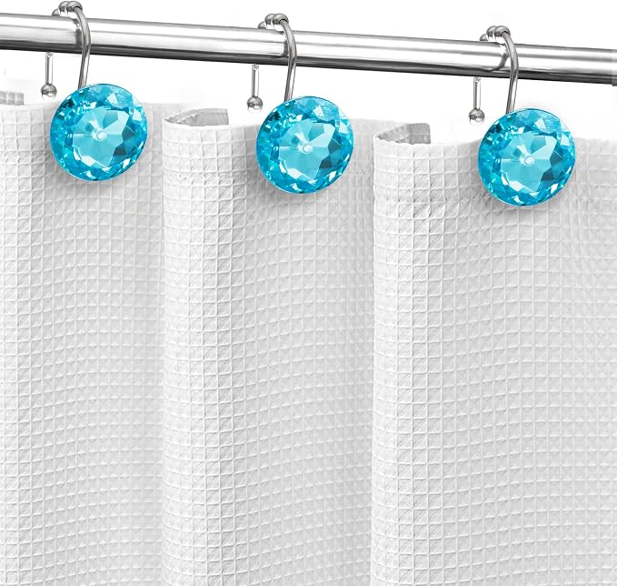Sunlit Luxury Design Round Aqua Blue Diamond Crystal Gem Bling with Glide Balls Shower Curtain Hooks, Rust Proof Metal Rhinestones Glam Shower Curtain Rings-12 Pack