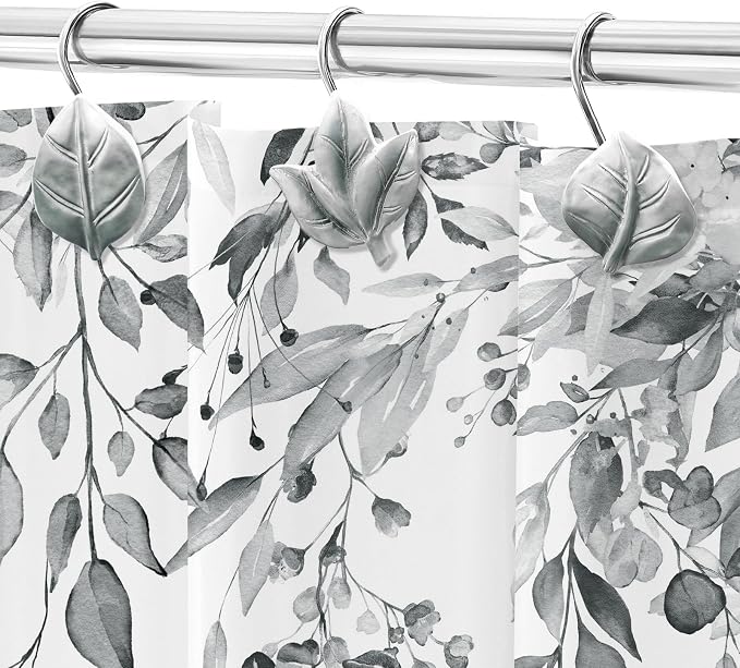 Grey Plant Leaf Shower Curtain Hooks,Eucalyptus Bathroom Decor,12PCS | Cute Decorative Leaves Shower Curtain Rings,Metal Rustproof,Easy Installation,Smooth sliding