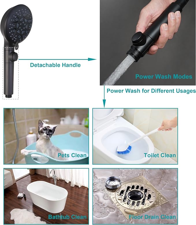 GwernKB Handheld Shower Head with On Off Switch,8-mode High Pressure Shower Wand with Long Hose and Bracket Extra Adhesive Holder for Lower Mount,Built-in Power Wash to Clean Tub,Tile & Pets,Black…