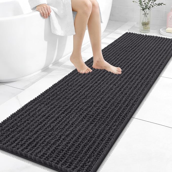OLANLY Bathroom Runner Rugs 59x20, Thick Soft Absorbent Chenille Bath Rugs | Dark Grey, Quick-Drying Rubber Backing, Long Shaggy Bath Mat, Washable for Floor, Tub and Shower, Home Decor Accessories