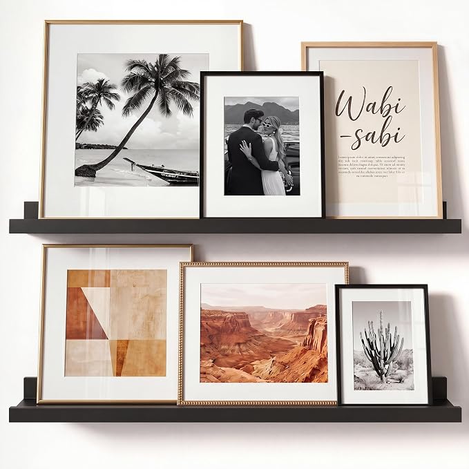 Black Picture Ledge Shelves for Wall, 4.5" Deep Wood Floating Shelves with Lip for Bedroom, Living Room, 24" Width, Color Black Set of 2