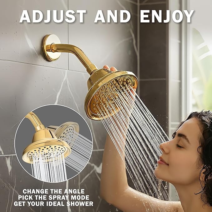 Massage Shower Head With Mist - 2.5 GPM - Polished Brass | High Pressure Boosting, 6 Function Adjustable Massaging Rainfall Showerhead For Low Flow Baths With Water Saving Nozzles
