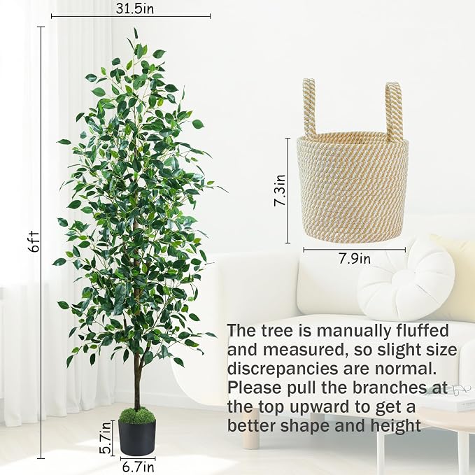 Caxchiling Artificial Ficus Tree 6FT, Faux Floor Tree Indoor Outdoor | Lifelike Ficus Leaves with Moss Topper and Cotton Basket, Perfect for Home Office, Living Room, Bedroom,Entryway Decor