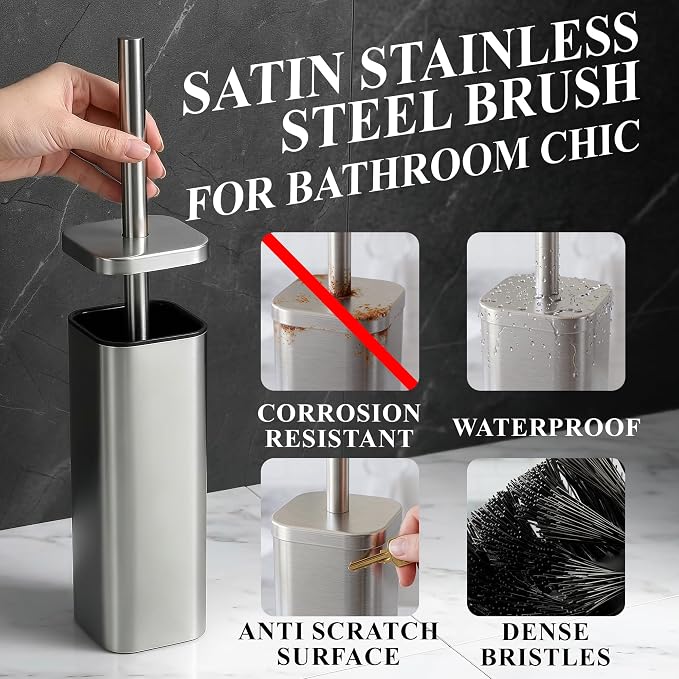Stainless Steel Toilet Brush and Holder Set, Rounded Square (Silver) | Toilet Bowl Brush and Holder, Removable Inner Bowl, Dense Bristles, Long Handle, Hand Guard, Scratch Resistant, for Bathrooms