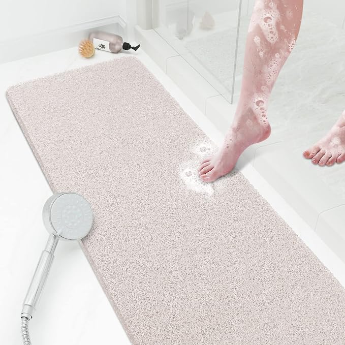 SoftDuo Shower Mat Bathtub Mat Non-Slip Soft Tub Mat | 47x16 inch,PVC Loofah Bath Mat with Drain for Tub and Bathroom,Quick Drying,White