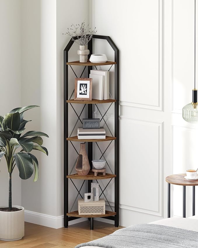 59.4" Corner Shelf, 5-Tier Industrial Corner Bookshelf, Corner Storage Stand, Plant Stand Display Shelf, Bookcase for Bedroom, Living Room, Home Office, Rustic Brown and Black TCJ10BF