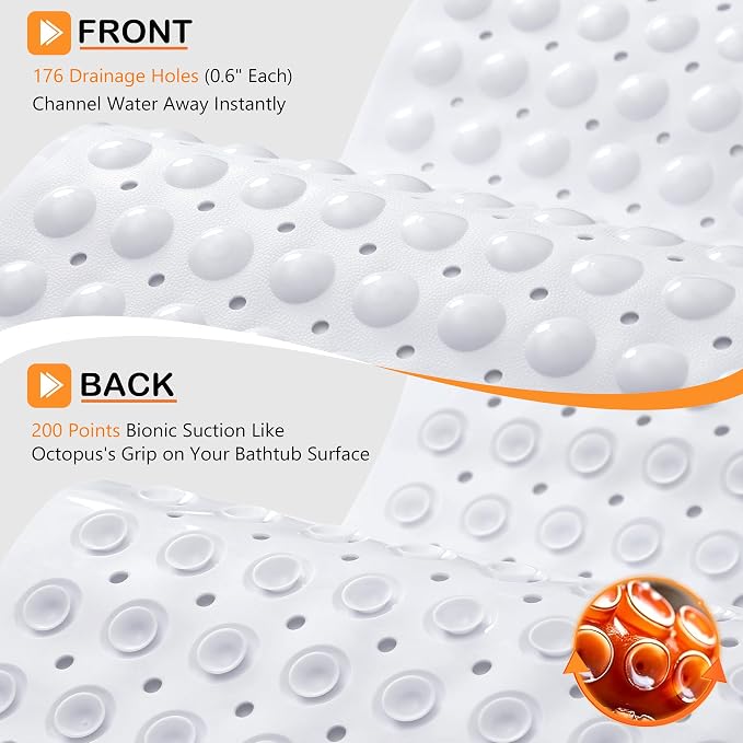 Yimobra 2-Pack Non Slip Bathtub Mat 40 x 16 Inch, Extra Long Shower Mat with Drain Holes, Machine Washable Baby Bath Mats, Strong Suction Cups for Bathroom Floor, White