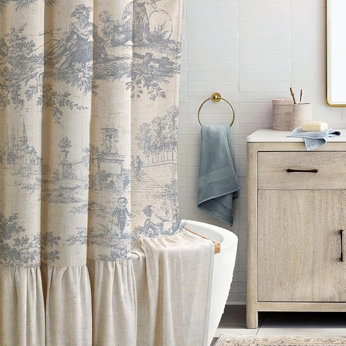 MUGINYU Ruffle Linen Shower Curtain with Blue and White Toile de Jouy for Vintage French Country Bathroom Decor Shabby Chic Chateau Toile Pattern 72x72 Inches