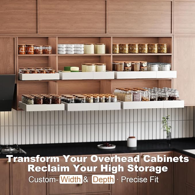Fokyfok Pull out Cabinet Organizer,11"-18"W，10"-13"D,Expandable,Adhesive | No Drill,Upper Cabinet,Adjustable Slide out Drawers for Pantry,Roll out Shelves Short,Framless Cabinets,Kitchen,White,1PC