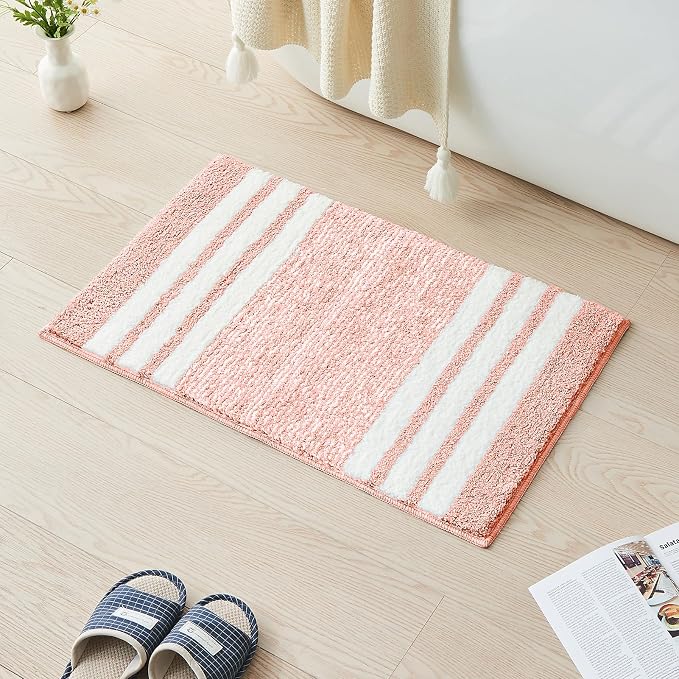 CozeCube Blossom Pink Striped 24"x16" Non Slip Washable Bath Mat | For Bathroom, Fluffy Absorbent Microfiber Bath Mats Machine Wash, Stylish Small Aesthetic Bathroom Rugs