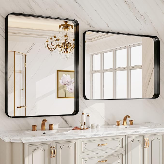 Black Bathroom Mirrors for Over Sink,24X36 Inch Matte Metal Framed | Vanity Rounded Rectangle Vanity Mirror, HD Tempered Glass, Anti-Rust, Horizontally or Vertically Hanging
