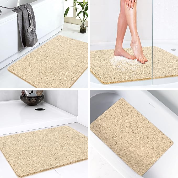 LuxStep Shower Mat Bathtub Mat,Non-Slip Bath Mat with Drain, Quick Drying | 32x16 inch, PVC Loofah Bathmat for Tub,Shower,Bathroom,Khaki
