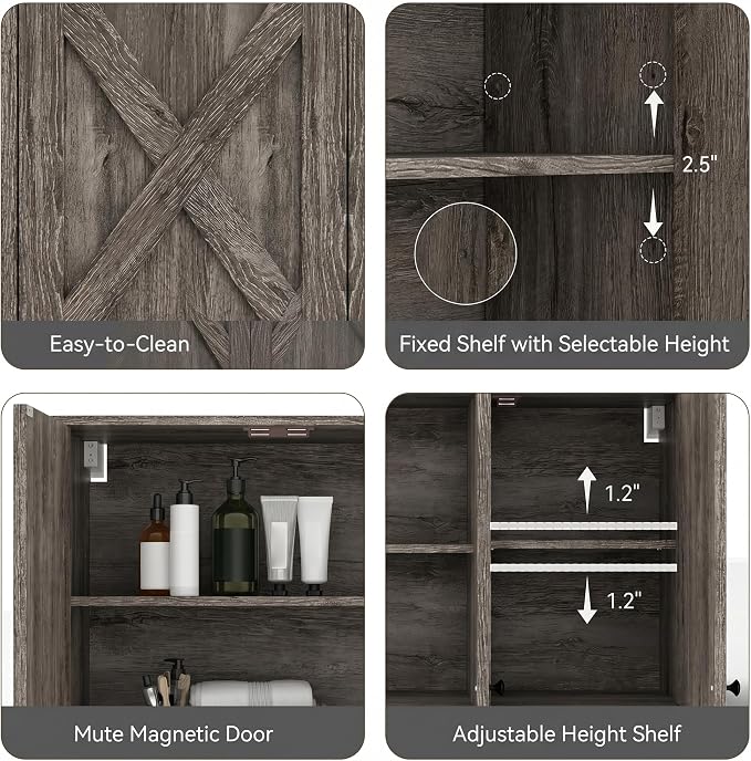 YOURLITE Laundry Cabinet, Medicine Cabinet, Bathroom Kitchen Storage Wall Mounted Farmhouse Organizer with Shelves Over Toilet, 36" Wide, Grey