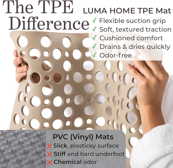 Non Slip Shower Mat for Bathtub, Beige TPE Bath Mat with Strong Suction Cups, Quick-Dry Drain Holes, Soft Textured Surface, Spa-Inspired, 30x17 Inch