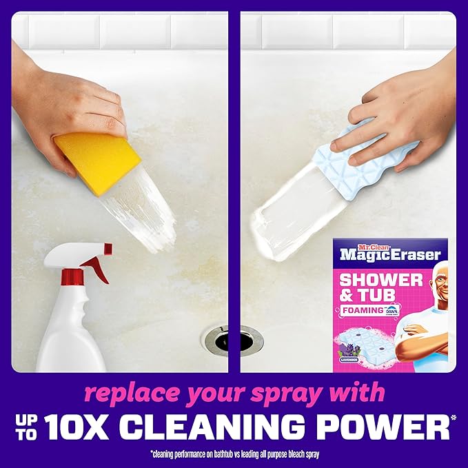 Mr. Clean Magic Eraser Sponge, Bathroom, Shower, Tub Cleaner, Soap Scum Remover, Bathroom Cleaning Supplies, Dawn Cleaning Power with Lavender Scent, Shower & Tub, 8ct